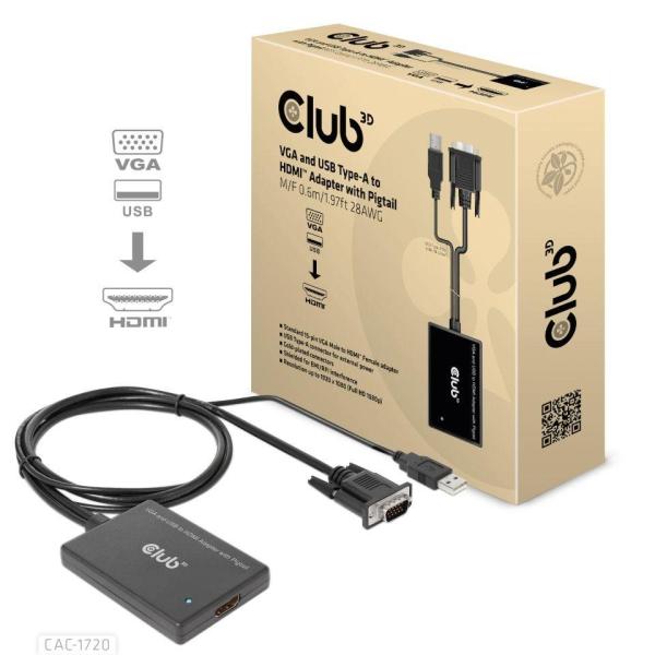 Club3D kabel VGA a USB-A na HDMI s ocáskem,  M/ F,  0.6m