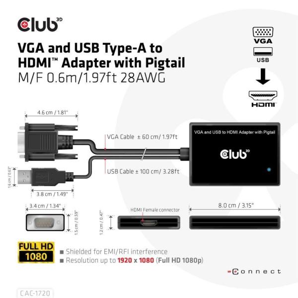 Club3D kabel VGA a USB-A na HDMI s ocáskem,  M/ F,  0.6m2