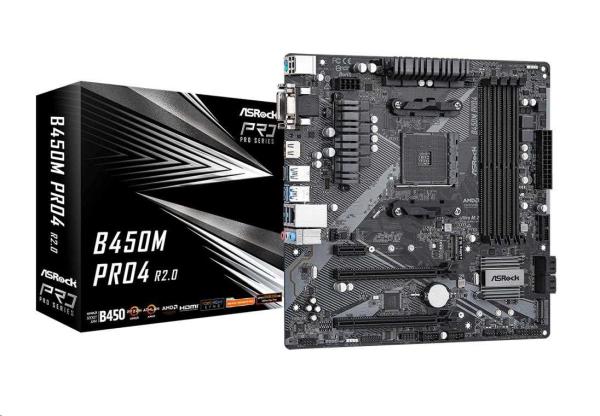 ASRock MB Sc AM4 B450M PRO4 R2.0,  AMD B450,  4xDDR4,  1xHDMI,  1xDVI,  1xVGA,  mATX