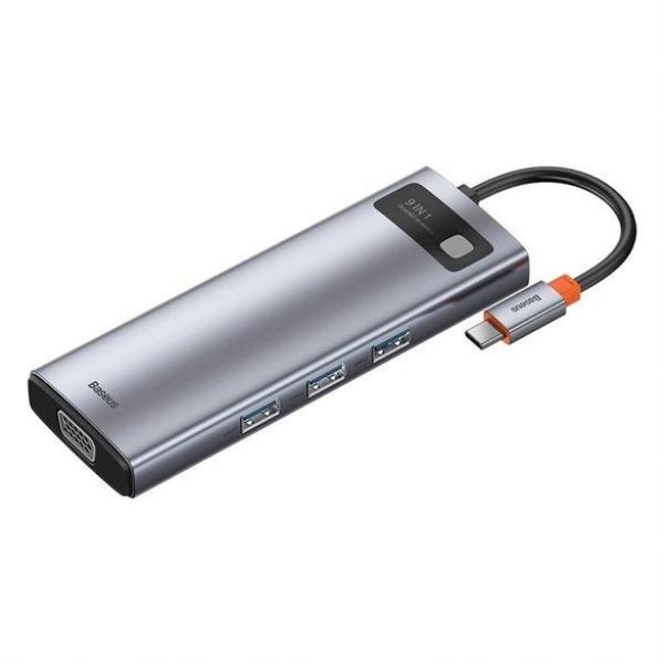 Baseus Metal Gleam Series 9v1 HUB Type-C (USB-C PD 100W,  3* USB 3.0,  HDMI,  VGA,  RJ45,  SD/ TF port),  sivá4