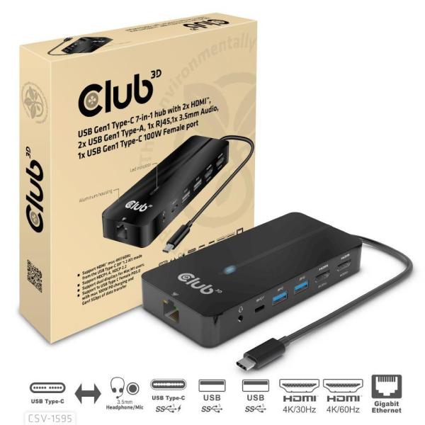 Club3D hub USB-C,  7-in-1 hub s 2x HDMI,  2x USB Gen1 Type-A,  1x RJ45,  1x 3.5mm audio,  1x USB Gen1 Type-C,  100W PD