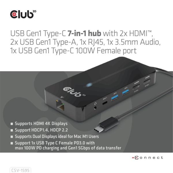 Club3D hub USB-C,  7-in-1 hub s 2x HDMI,  2x USB Gen1 Type-A,  1x RJ45,  1x 3.5mm audio,  1x USB Gen1 Type-C,  100W PD5