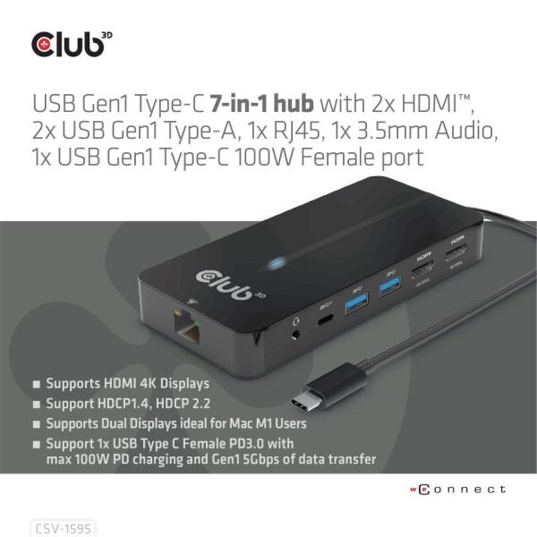 Club3D hub USB-C,  7-in-1 hub s 2x HDMI,  2x USB Gen1 Type-A,  1x RJ45,  1x 3.5mm audio,  1x USB Gen1 Type-C,  100W PD4