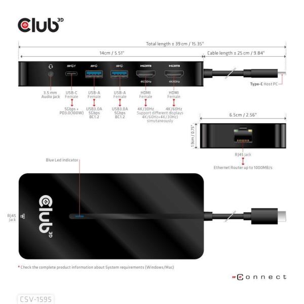 Club3D hub USB-C,  7-in-1 hub s 2x HDMI,  2x USB Gen1 Type-A,  1x RJ45,  1x 3.5mm audio,  1x USB Gen1 Type-C,  100W PD5