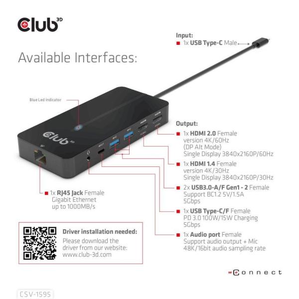 Club3D hub USB-C,  7-in-1 hub s 2x HDMI,  2x USB Gen1 Type-A,  1x RJ45,  1x 3.5mm audio,  1x USB Gen1 Type-C,  100W PD0