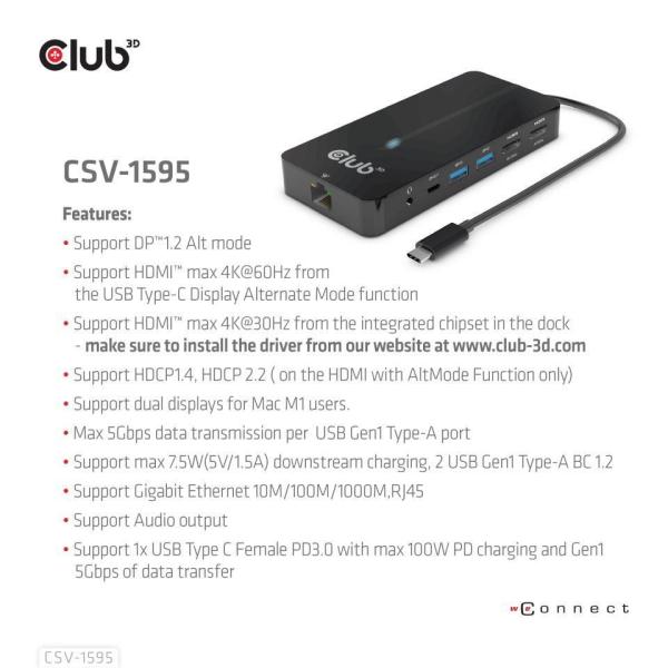 Club3D hub USB-C,  7-in-1 hub s 2x HDMI,  2x USB Gen1 Type-A,  1x RJ45,  1x 3.5mm audio,  1x USB Gen1 Type-C,  100W PD1