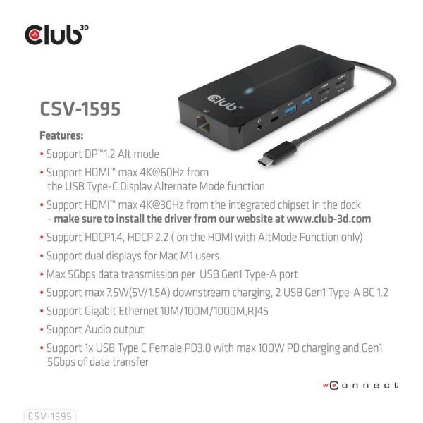 Club3D hub USB-C,  7-in-1 hub s 2x HDMI,  2x USB Gen1 Type-A,  1x RJ45,  1x 3.5mm audio,  1x USB Gen1 Type-C,  100W PD6