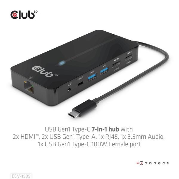 Club3D hub USB-C,  7-in-1 hub s 2x HDMI,  2x USB Gen1 Type-A,  1x RJ45,  1x 3.5mm audio,  1x USB Gen1 Type-C,  100W PD2