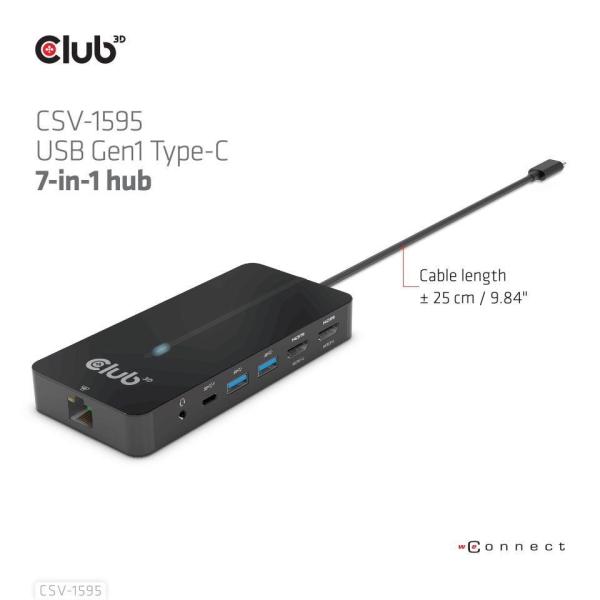 Club3D hub USB-C,  7-in-1 hub s 2x HDMI,  2x USB Gen1 Type-A,  1x RJ45,  1x 3.5mm audio,  1x USB Gen1 Type-C,  100W PD3