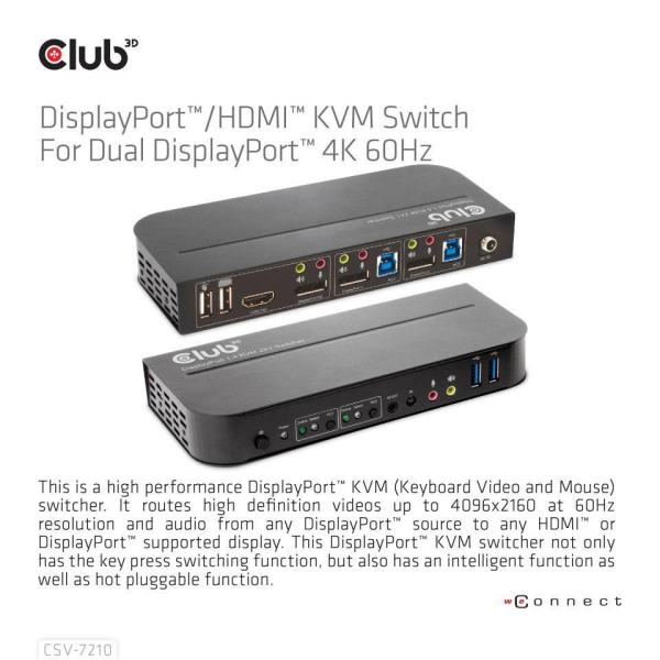 Club3D Network Switch - Prepínač,  DP/ HDMI KVM prepínač - Dual DP 4K 60Hz2