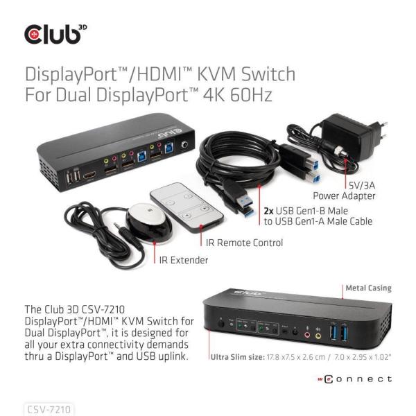 Club3D Network Switch - Prepínač,  DP/ HDMI KVM prepínač - Dual DP 4K 60Hz3