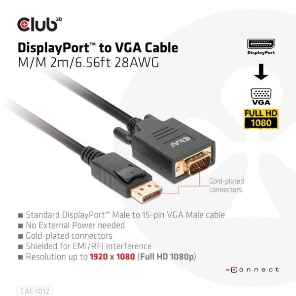 Club3D kabel DP na VGA,  M/ M,  2m,  28 AWG1