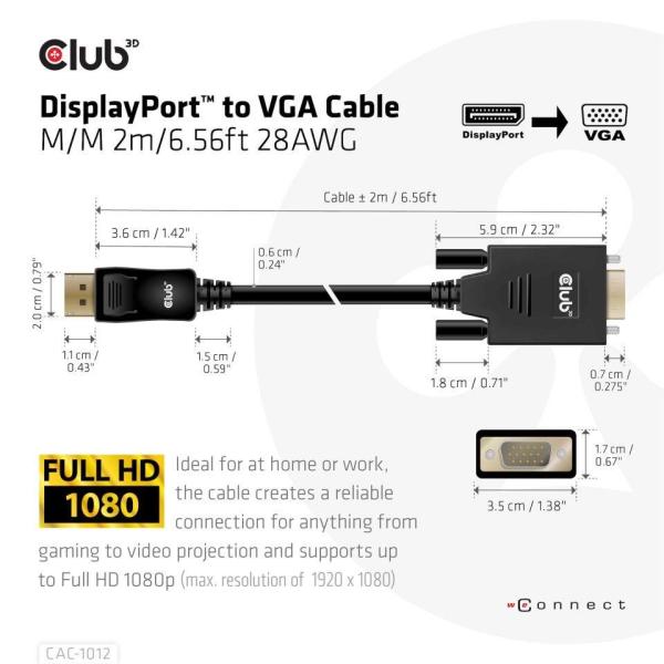 Club3D kabel DP na VGA,  M/ M,  2m,  28 AWG2
