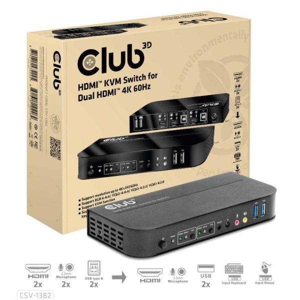Sieťový prepínač Club3D - Prepínač,  HDMI KVM prepínač - Dual HDMI 4K 60Hz