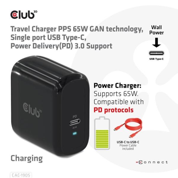 Cestovná nabíjačka Club3D PPS 65W technológia GAN, USB Type-C, Power Delivery(PD) 3.0 Podpora5