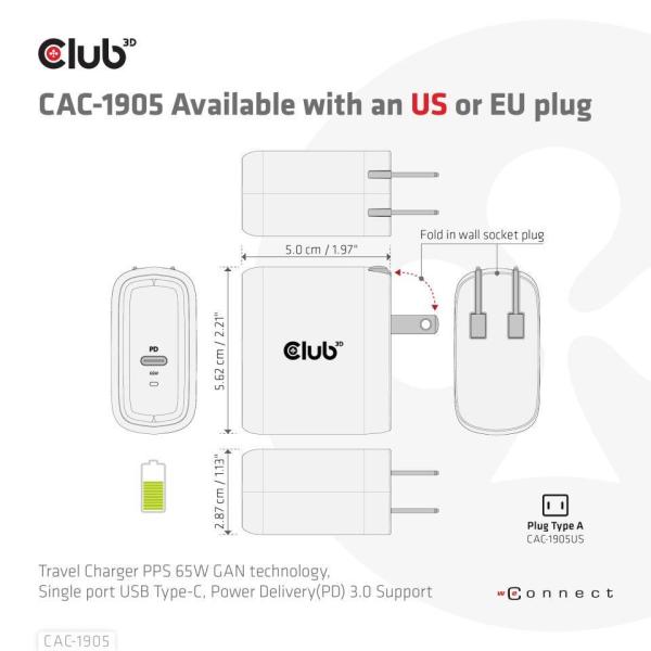 Cestovná nabíjačka Club3D PPS 65W technológia GAN, USB Type-C, Power Delivery(PD) 3.0 Podpora1