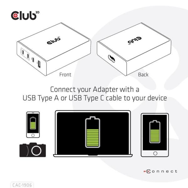 Cestovná nabíjačka Club3D 132W technológia GAN,  4xUSB-A a USB-C,  PD 3.0 Podpora4