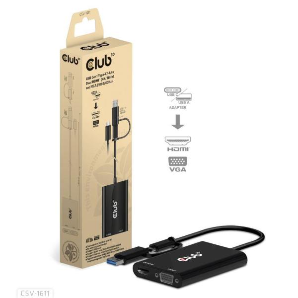 Club3D adaptér USB Gen1 Type-C/ -A na duálny HDMI (4K/ 30Hz) /  VGA (1080/ 60Hz)