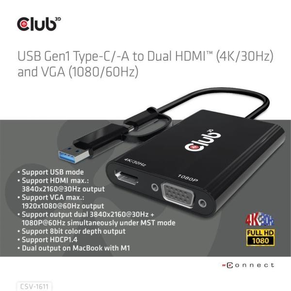 Club3D adaptér USB Gen1 Type-C/ -A na duálny HDMI (4K/ 30Hz) /  VGA (1080/ 60Hz)1