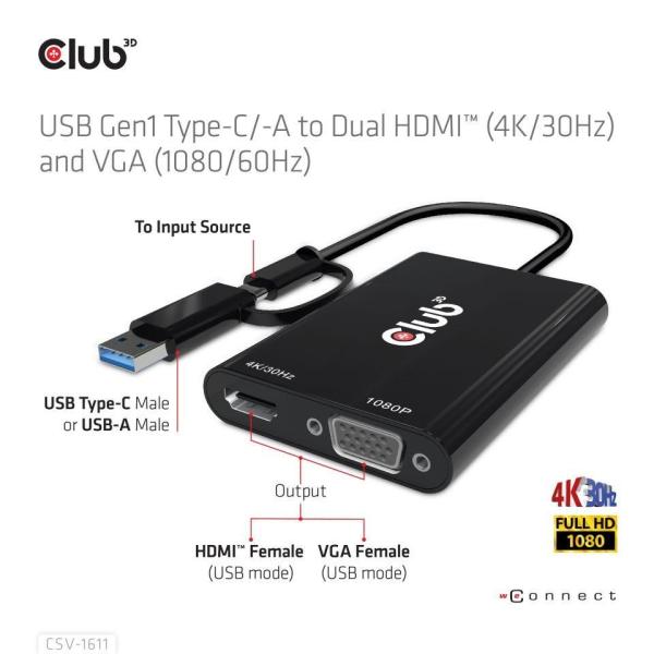 Club3D adaptér USB Gen1 Type-C/ -A na duálny HDMI (4K/ 30Hz) /  VGA (1080/ 60Hz)2