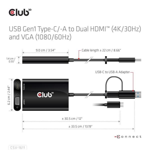 Club3D adaptér USB Gen1 Type-C/ -A na duálny HDMI (4K/ 30Hz) /  VGA (1080/ 60Hz)6