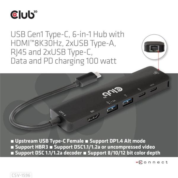 Club3D Hub USB-C,  rozbočovač 6 v 1 s HDMI 8K30Hz,  2xUSB typu A,  RJ45 a 2xUSB typu C,  Data a PD nabíjení 100W1