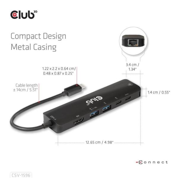 Club3D Hub USB-C,  rozbočovač 6 v 1 s HDMI 8K30Hz,  2xUSB typu A,  RJ45 a 2xUSB typu C,  Data a PD nabíjení 100W4