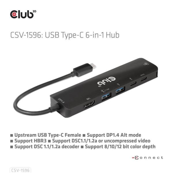 Club3D Hub USB-C,  rozbočovač 6 v 1 s HDMI 8K30Hz,  2xUSB typu A,  RJ45 a 2xUSB typu C,  Data a PD nabíjení 100W5
