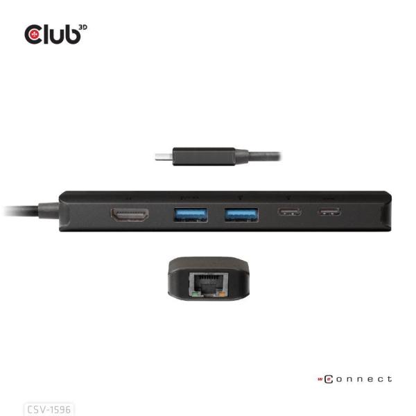 Club3D Hub USB-C,  rozbočovač 6 v 1 s HDMI 8K30Hz,  2xUSB typu A,  RJ45 a 2xUSB typu C,  Data a PD nabíjení 100W8