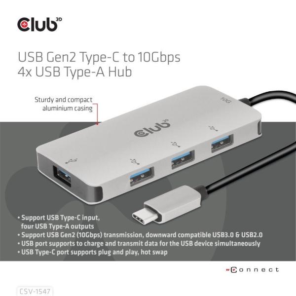 Club3D Hub USB-C Gen2 na 10Gbps 4x USB Type-A Hub3