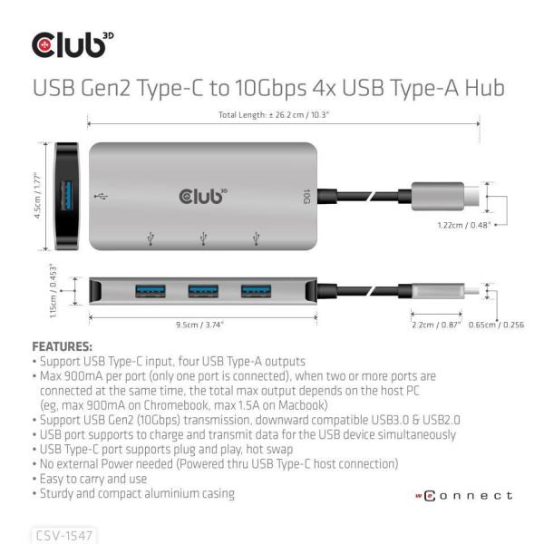 Club3D Hub USB-C Gen2 na 10Gbps 4x USB Type-A Hub2