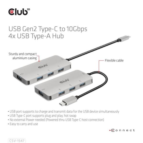 Club3D Hub USB-C Gen2 na 10Gbps 4x USB Type-A Hub5