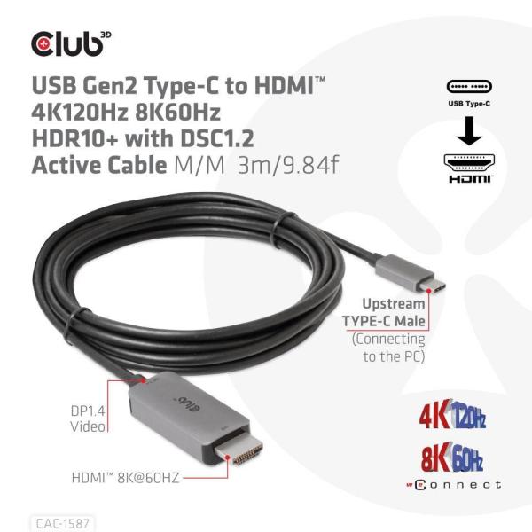 Club3D kabel USB-C na HDMI,  4K120Hz 8K60Hz HDR10 s DSC1.2,  Aktivní kabel,  M/ M,  3m1