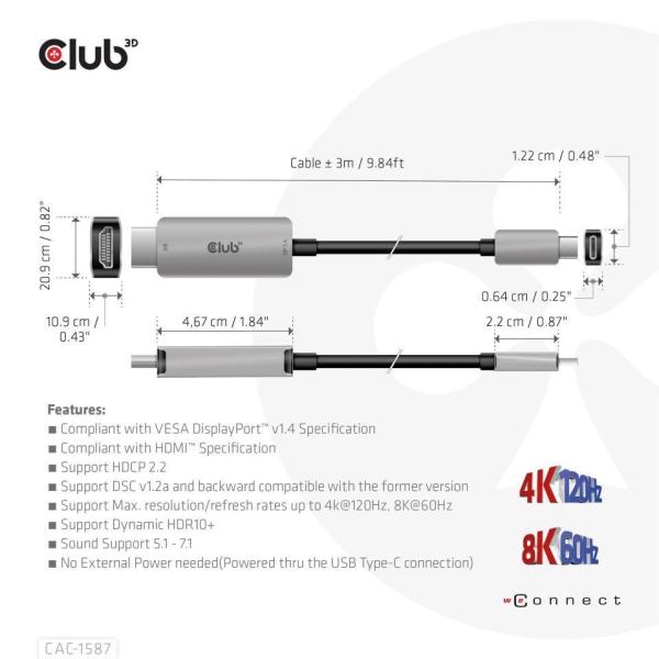 Club3D kabel USB-C na HDMI,  4K120Hz 8K60Hz HDR10 s DSC1.2,  Aktivní kabel,  M/ M,  3m4
