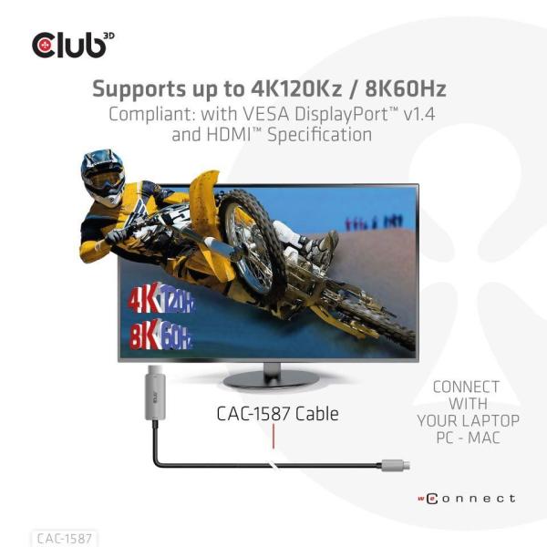 Club3D kabel USB-C na HDMI,  4K120Hz 8K60Hz HDR10 s DSC1.2,  Aktivní kabel,  M/ M,  3m4