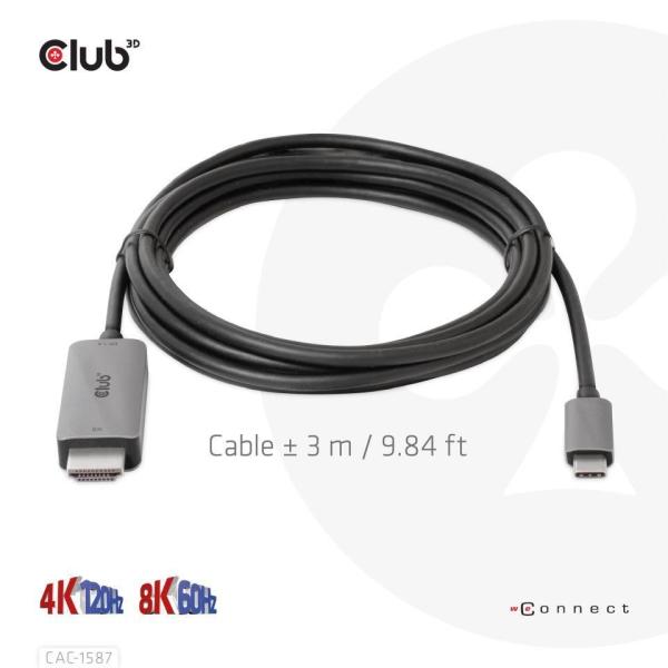 Club3D kabel USB-C na HDMI,  4K120Hz 8K60Hz HDR10 s DSC1.2,  Aktivní kabel,  M/ M,  3m6