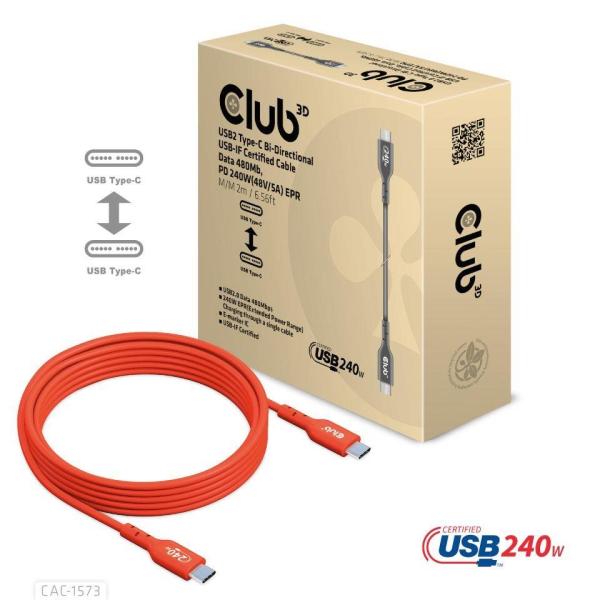 Club3D kabel USB-C,  Oboustranný USB-IF Certifikovaný data kabel,  Data 480Mb, PD 240W(48V/ 5A) EPR M/ M 2m