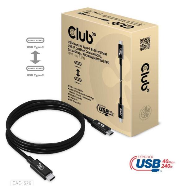 Club3D kabel USB4 Gen3x2 Typ-C,  Oboustranný USB-IF Certifikovaný data kabel,  Data 40Gbps,  PD 240W(48V/ 5A) EPR M/ M 1m