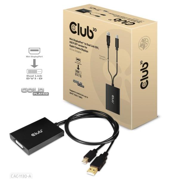 Club3D adaptér Mini DP na Dual Link DVI,  verzia HDCP OFF pre Apple Cinema Displeje Aktívny adaptér