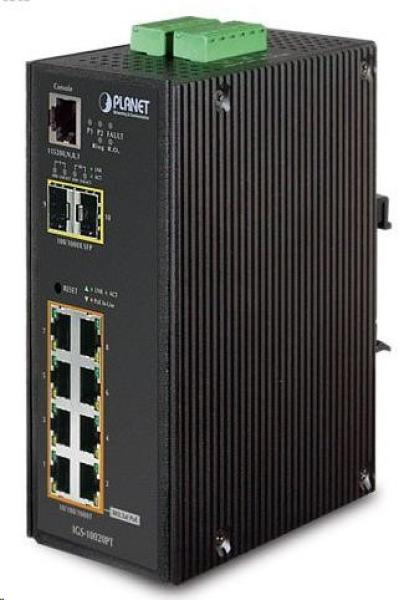 Planet IGS-10020PT PoE switch 8x 1000Base-T,  2x SFP,  802.3af 130W,  IP30,  -40 až 75°C,  SNMP,  IGMPv3,  IPv6