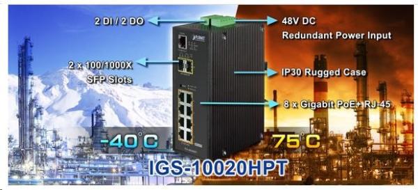 Planet IGS-10020HPT PoE switch 8x 1000Base-T,  2x SFP,  802.3at 270W,  IP30,  -40 až 75°C,  SNMP,  IGMPv3,  IPv62