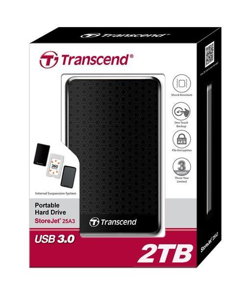 Externý pevný disk TRANSCEND 2, 5" USB 3.1 StoreJet 25A3,  2 TB,  čierny (nárazuvzdorný,  256-bitový AES)6