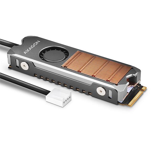 AXAGON CLR-M2FAN,  medený chladič s ventilátorom pre jedno aj obojstranný M.2 SSD disk,  výška 13 mm