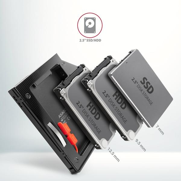 Rám AXAGON RSS-CD12 pre 2.5" SSD/ HDD na DVD,  12.7 mm,  LED,  hliník2