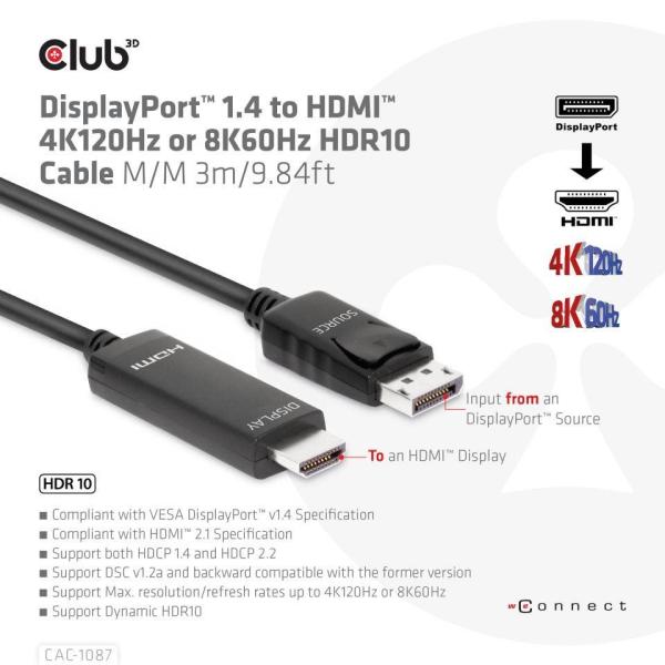 Club3D kábel DP 1.4 na HDMI,  4K120Hz alebo 8K60Hz HDR10,  M/ M,  3 m1