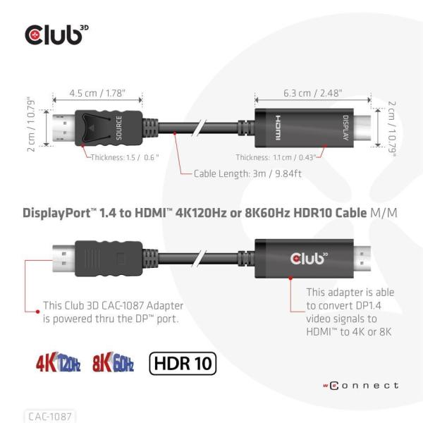 Club3D kábel DP 1.4 na HDMI,  4K120Hz alebo 8K60Hz HDR10,  M/ M,  3 m2