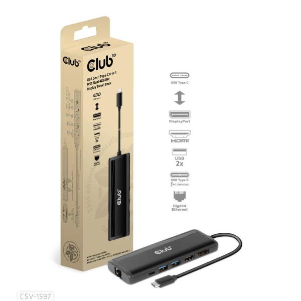 Club3D Dokovací stanice USB-C,  8-in-1 MST Dual (1x HDMI/ 1x DP) 4K60Hz,  Display Travel Dock