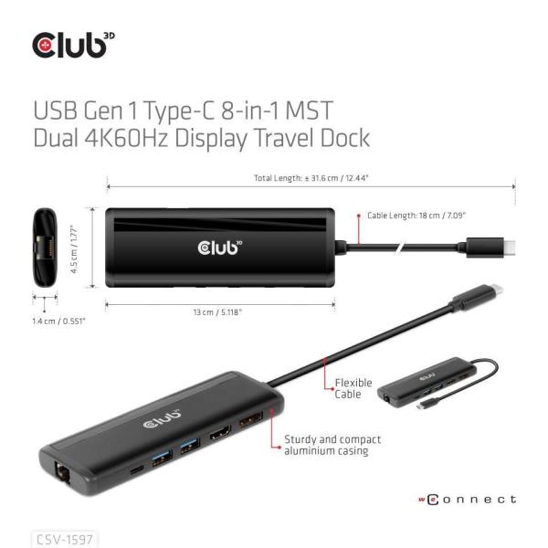 Club3D Dokovací stanice USB-C,  8-in-1 MST Dual (1x HDMI/ 1x DP) 4K60Hz,  Display Travel Dock3