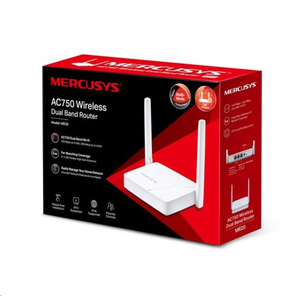 MERCUSYS MR20 WiFi5 router (AC750,  2, 4GHz/ 5GHz, 1x100Mb/ s WAN,  2x100Mb/ s LAN)2