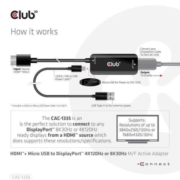 Club3D Adaptér HDMI + Micro USB na DisplayPort 4K120Hz/ 8K30Hz,  Active Adapter M/ F2